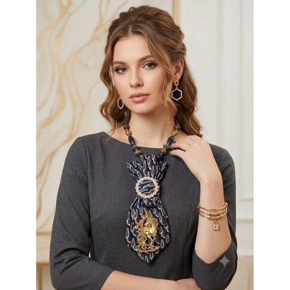 Neiman Marcus Jewelry - Neiman Marcus Silk Tie Necklace Unicorn Brooch Set Earrings Bracelet Blue Gold